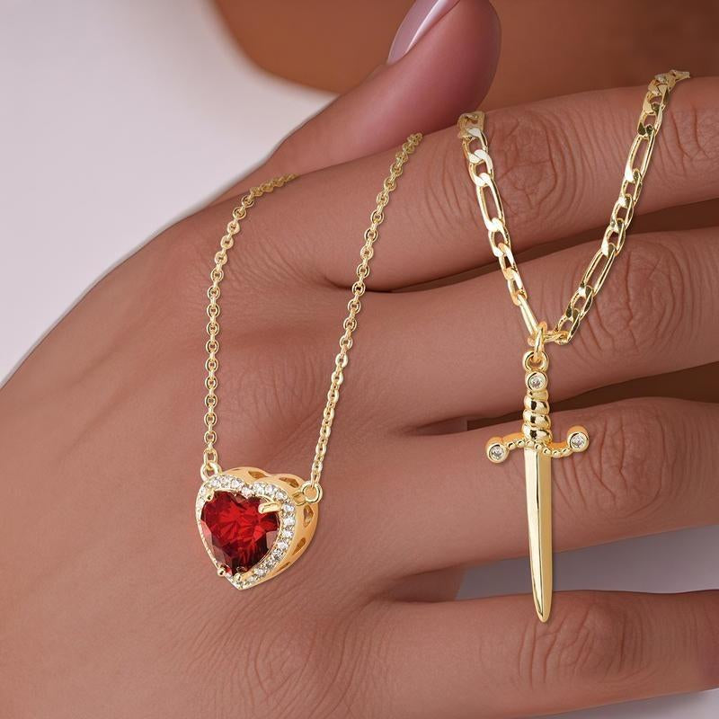 Romantic Sword Pierced Heart Necklace - Gold Chain Trendy Jewelry with Red Crystal Pendant, Perfect Valentine'S Day Gift for Best Friend or Lover