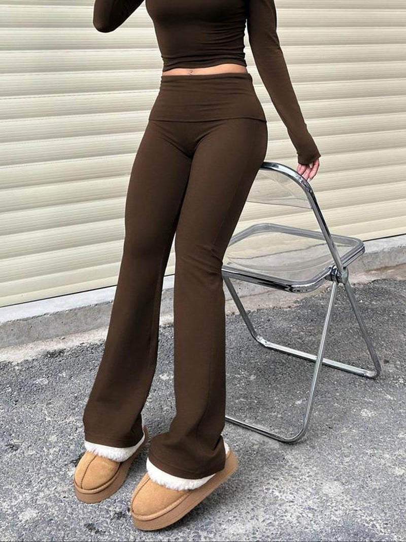 Women'S Plain Ruched Flared Leggings, Casual Comfy High Stretch Bell Bottom Trousers for Daily Wear, Ladies Bottoms for All Seasons