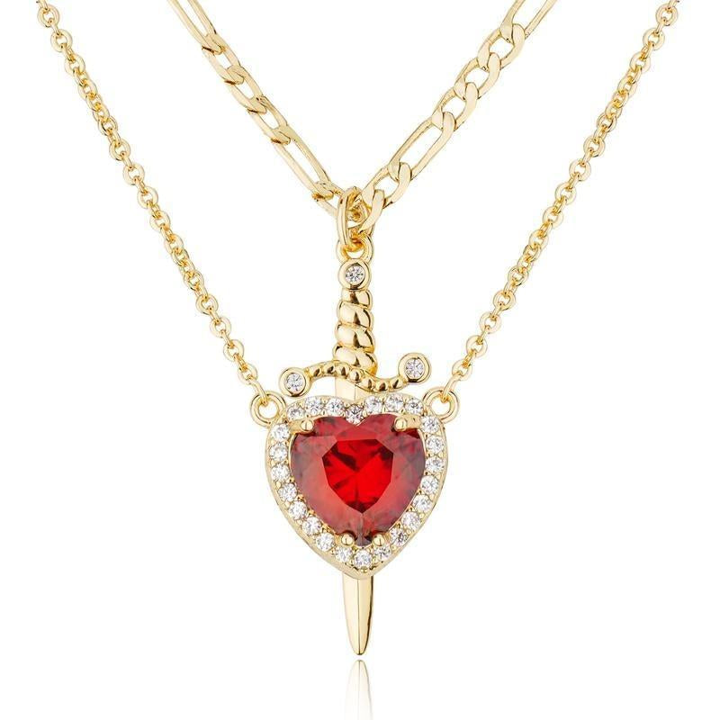 Romantic Sword Pierced Heart Necklace - Gold Chain Trendy Jewelry with Red Crystal Pendant, Perfect Valentine'S Day Gift for Best Friend or Lover