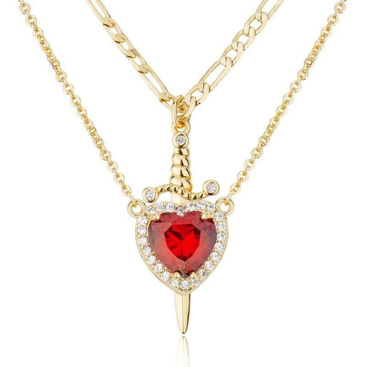 Romantic Sword Pierced Heart Necklace - Gold Chain Trendy Jewelry with Red Crystal Pendant, Perfect Valentine'S Day Gift for Best Friend or Lover