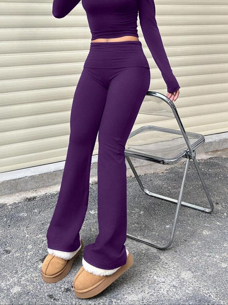 Women'S Plain Ruched Flared Leggings, Casual Comfy High Stretch Bell Bottom Trousers for Daily Wear, Ladies Bottoms for All Seasons