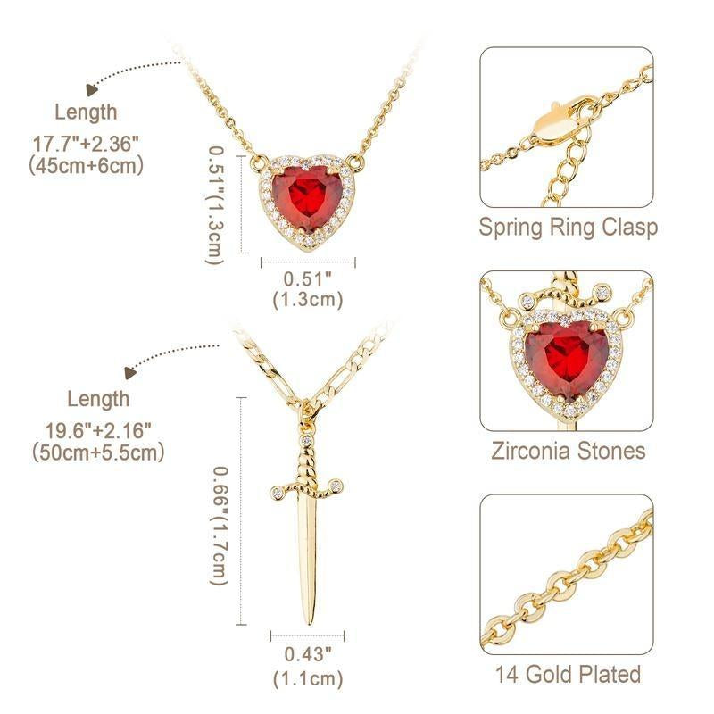 Romantic Sword Pierced Heart Necklace - Gold Chain Trendy Jewelry with Red Crystal Pendant, Perfect Valentine'S Day Gift for Best Friend or Lover