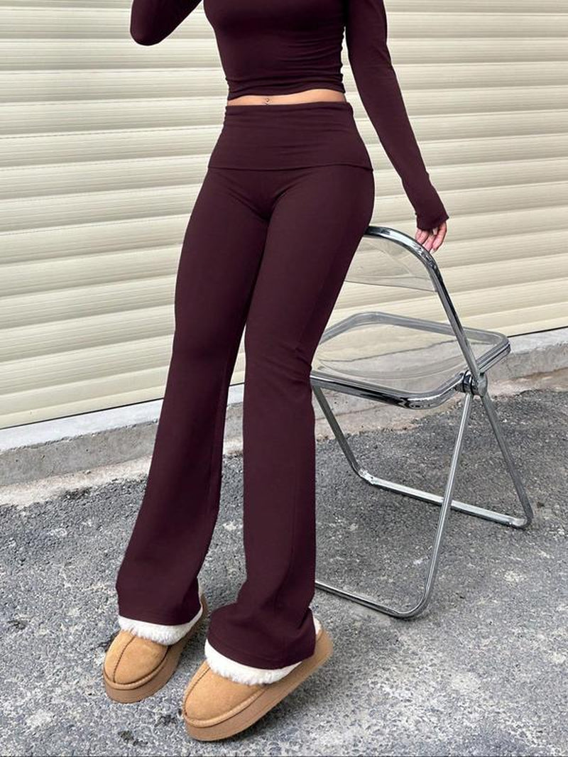Women'S Plain Ruched Flared Leggings, Casual Comfy High Stretch Bell Bottom Trousers for Daily Wear, Ladies Bottoms for All Seasons