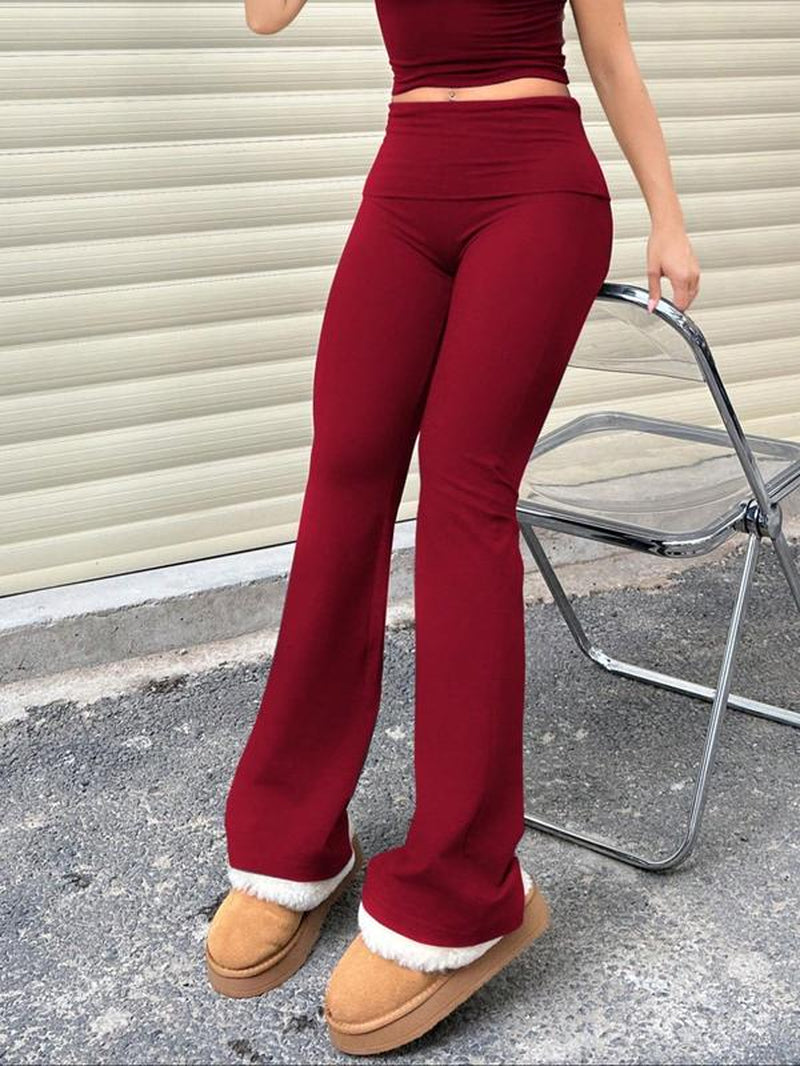 Women'S Plain Ruched Flared Leggings, Casual Comfy High Stretch Bell Bottom Trousers for Daily Wear, Ladies Bottoms for All Seasons